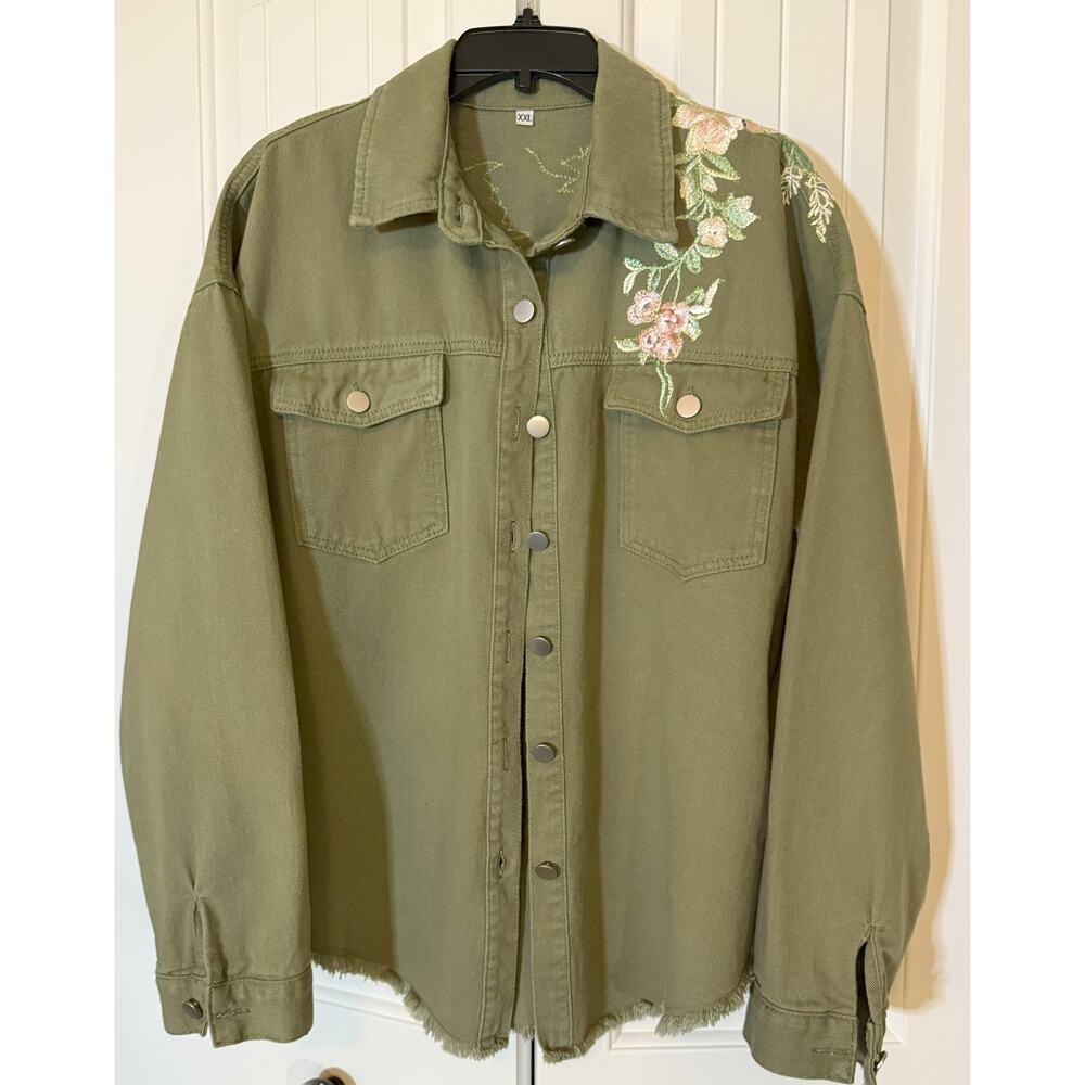 Rose Embroidered Olive Denim Shirt / Jacket Ladies XXL NWT READ MSMTS